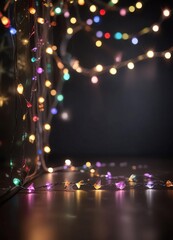 Obraz premium Colorful fairy lights with soft focus on dark background, pastel hues, warm glow, whimsical atmosphere