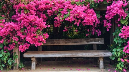 Vibrant pink bougainvillea flowers create stunning natural accents within the garden, adding beauty and charm. This photo captures the essence of pink bougainvillea with ample space for design.