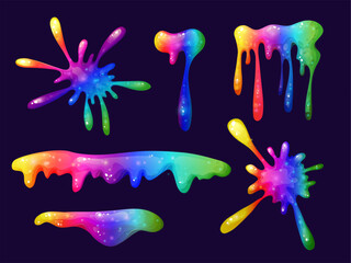 Naklejka premium Dripping rainbow slime illustration with vibrant colors. Rainbow splash collection on a transparent background. Great for adding playful, toxic-looking splats and liquid effects to your illustrations
