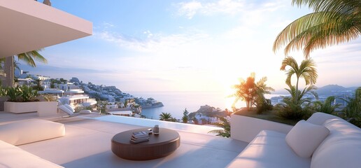 Obraz premium Sunset luxury villa patio with infinity pool and ocean view.