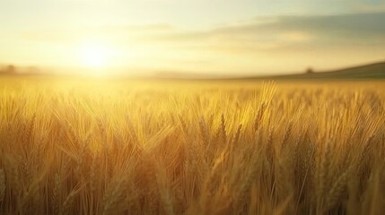 Obraz premium American small grain wheat sways gently in the breeze across a vast field, embodying the essence of agriculture while providing a serene and tranquil atmosphere with ample copy space.