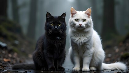 Cat friends. Black and white cat sitting side by side. 