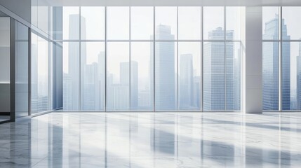 Obraz premium Modern interior with large windows, capturing the essence of minimalism. The design emphasizes simplicity while offering expansive views of skyscrapers, with ample photo space.