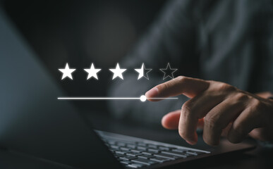 Customer rating and satisfaction survey concept, 5-star best sellers. Service experience rating online review, customer evaluation product service quality, feedback review, reputation ranking score.