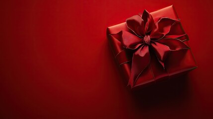 A Christmas present adorned with a vibrant red bow, set against a rich red background, creates a perfect festive ambiance. This photo offers ample copy space for seasonal messages.