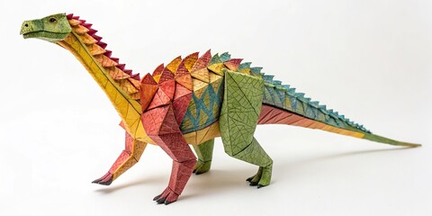 Fototapeta premium Colorful paper dinosaur with vibrant scales, artistic expression, intricate details, prehistoric creatures, mythical animals, creative design