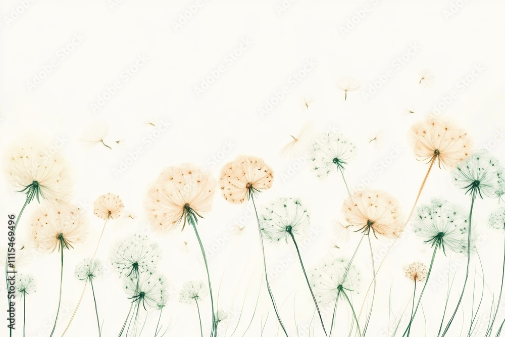 Poster dandelions sway gently as their delicate seeds float away in the wind, creating a playful and serene