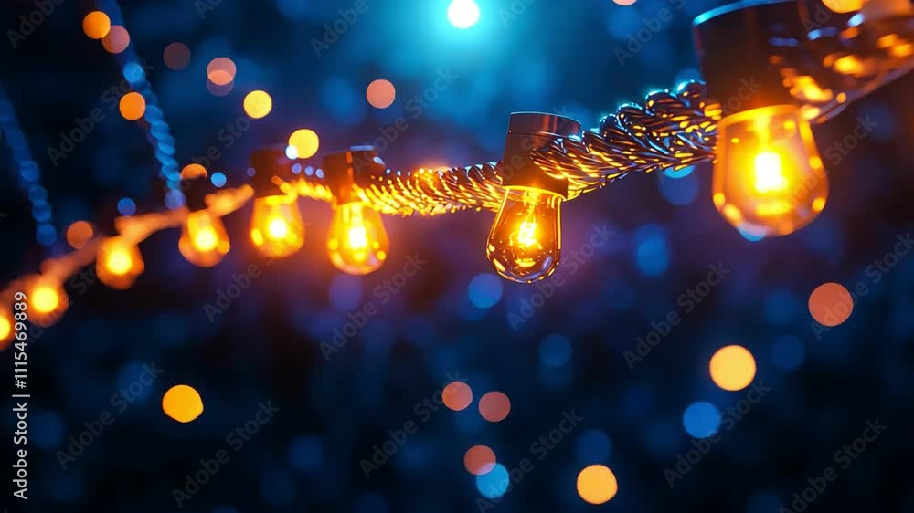 Poster vibrant illuminated bulbs on a string create a magical atmosphere against a blurred blue background.