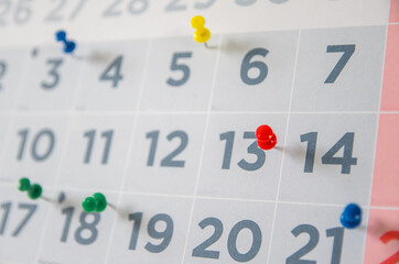 Detailed View Of Calendar Page Marked With Drawing Pins, Representing Task Organization,...