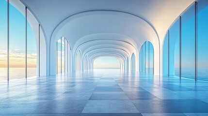 Architectural platform by the seaside, designed for car advertisement, featuring a clean background with ample negative space, combining modern art architecture with a parking lot, ideal for showcasin