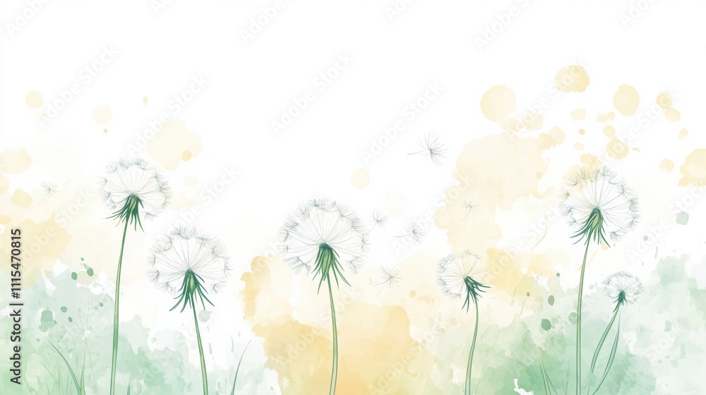 Poster dandelions gently blow through the air against a soft pastel backdrop, creating a tranquil and whims