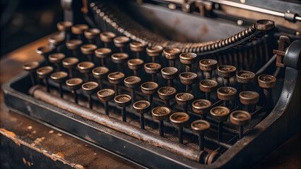 Vintage Typewriter Keyboard Close-Up with Rusty Details. Perfect for: Writer's Day, retro-themed branding, storytelling projects