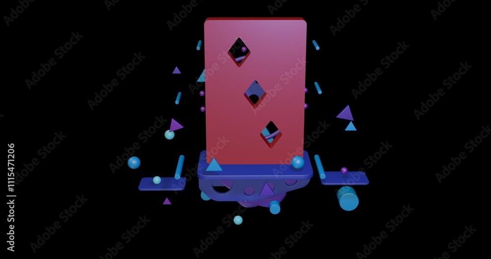 Aufkleber red three of diamonds playing card on a pedestal of abstract geometric shapes floating in the air. a