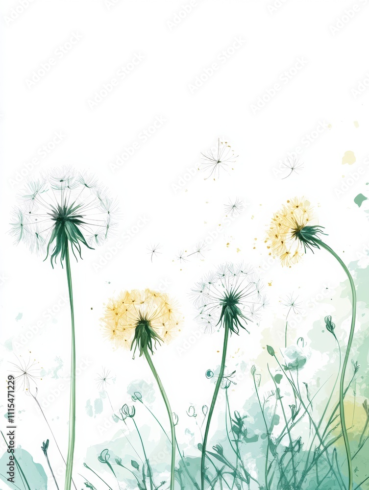 Poster curved dandelions scatter seeds in the air, creating a playful moment as gentle breezes lift them in