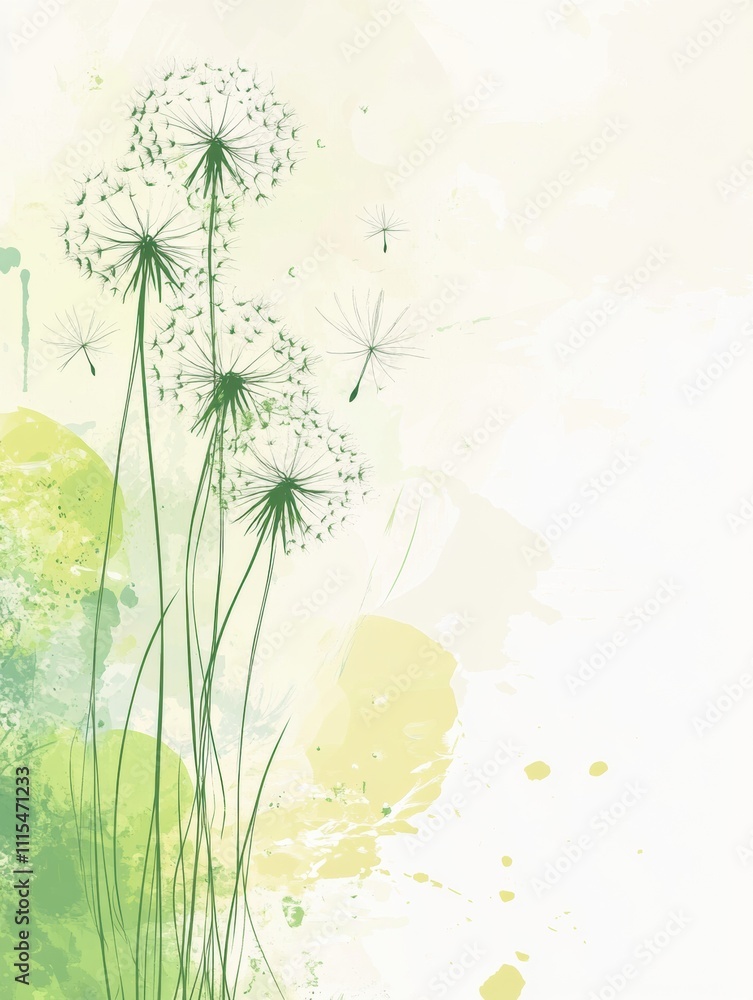 Poster delicate doodles of dandelions float in the wind, surrounded by soft green splashes that evoke a ser