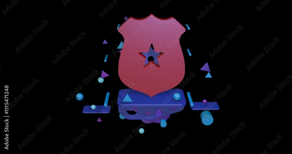 Poster red police badge symbol on a pedestal of abstract geometric shapes floating in the air. abstract con