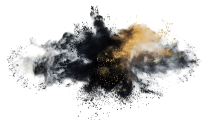 Black, Gold, Silver colours powder exploding isolated on a transparent background