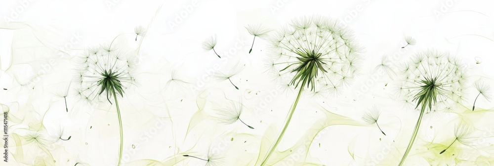 Poster delicate dandelions scatter their seeds in the gentle breeze, inviting a sense of playfulness and tr
