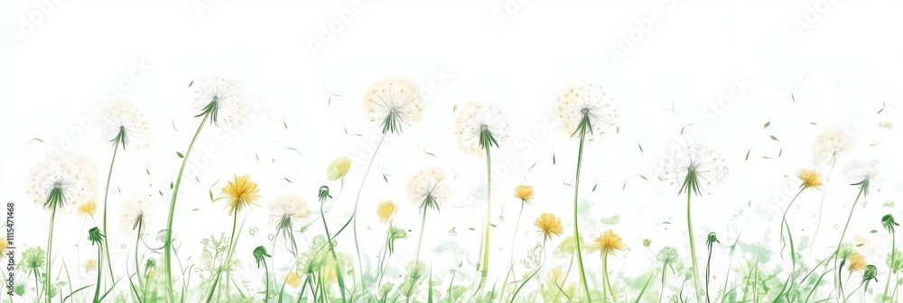 Poster playful dandelions sway in the wind as their seeds float away, creating a light and carefree ambianc