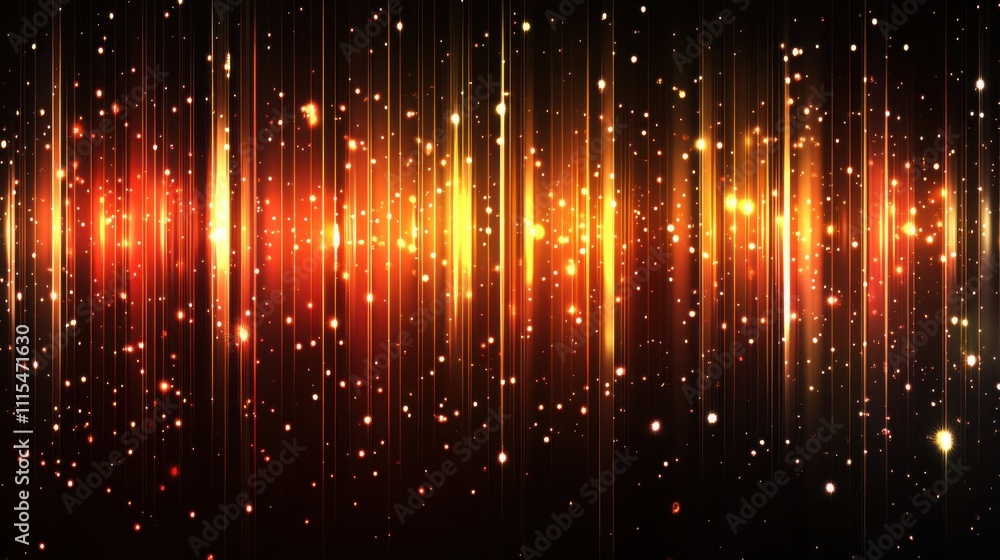 Poster abstract background with glowing vertical lines and sparkles in orange and gold hues on a dark backg