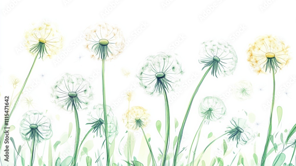 Poster delicate dandelions sway as they release fluffy seeds into the gentle breeze, creating a whimsical a