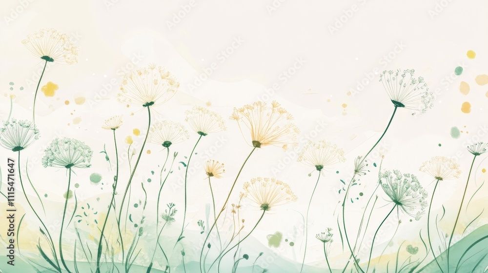 Poster a whimsical illustration shows dandelions blowing in the wind, creating a light and airy atmosphere 