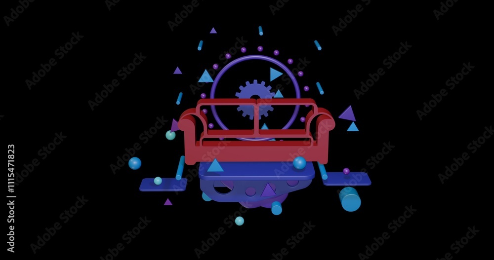 Aufkleber red sofa icon on a pedestal of abstract geometric shapes floating in the air. abstract concept art w