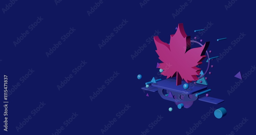 Poster pink maple leaf symbol on a pedestal of abstract geometric shapes floating in the air. abstract conc
