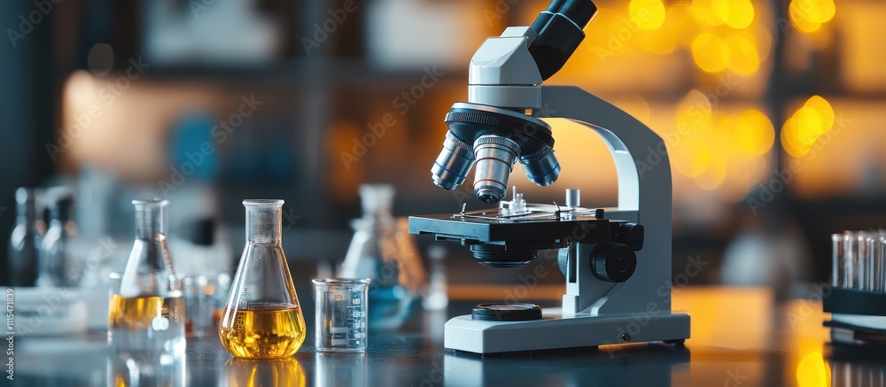 Poster a close-up of a microscope in a laboratory setting, surrounded by beakers and test tubes, with a blu