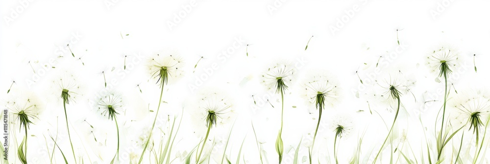 Poster dandelions scatter their seeds in the wind, creating a whimsical atmosphere in an open, airy environ