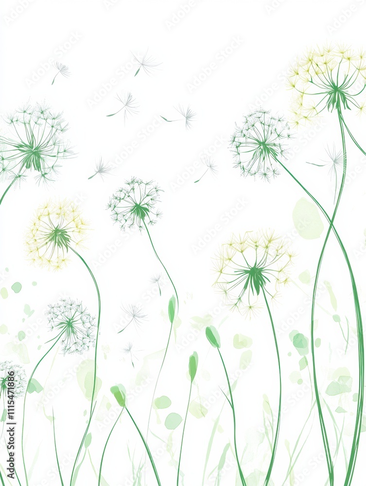 Poster a playful doodle captures dandelions blowing in the wind, creating a light and airy atmosphere with 