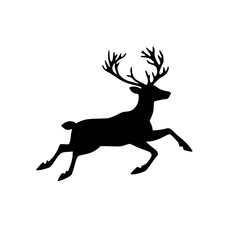 Obraz premium Silhouette of a Leaping Deer, Black silhouette of a leaping deer with antlers on a white background, symbolizing wildlife, grace, and minimalistic design.