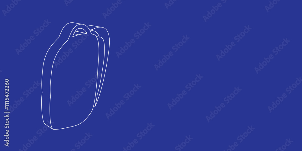 Poster the outline of a large school bag symbol made of white lines on the left. 3d view of the object in p