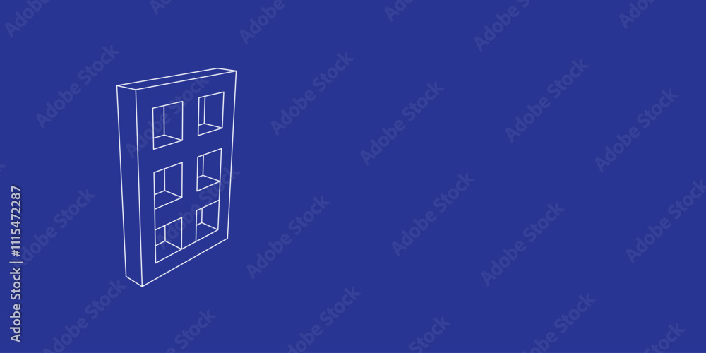 Poster the outline of a large office building symbol made of white lines on the left. 3d view of the object