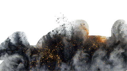 Black, Grey, Gold colours powder exploding isolated on a transparent background