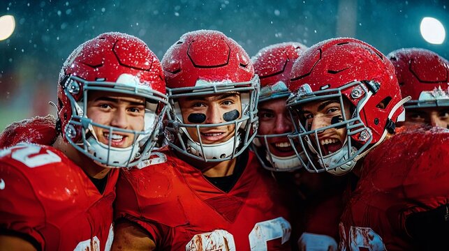 Dynamic group of american football players celebrating victory in rainy weather
