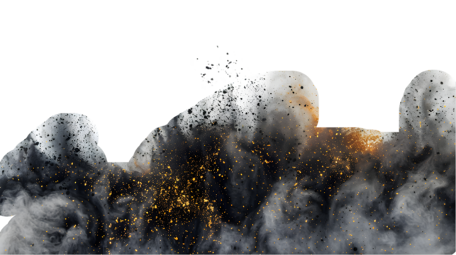 Black, Grey, Gold colours powder exploding isolated on a transparent background
