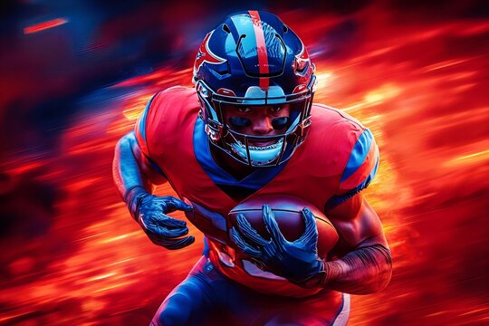 Intense action-packed football player in fiery red and blue motion blur