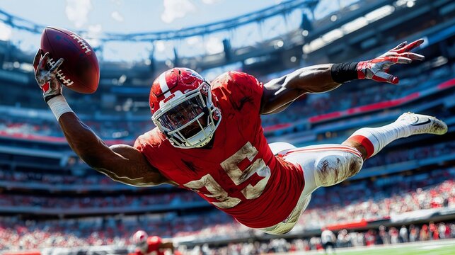Dynamic football action: player's mid-air dive in stadium highlighting athleticism