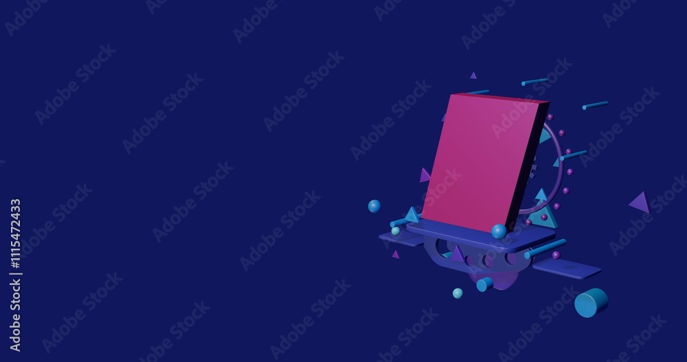 Poster pink parallelogram symbol on a pedestal of abstract geometric shapes floating in the air. abstract c