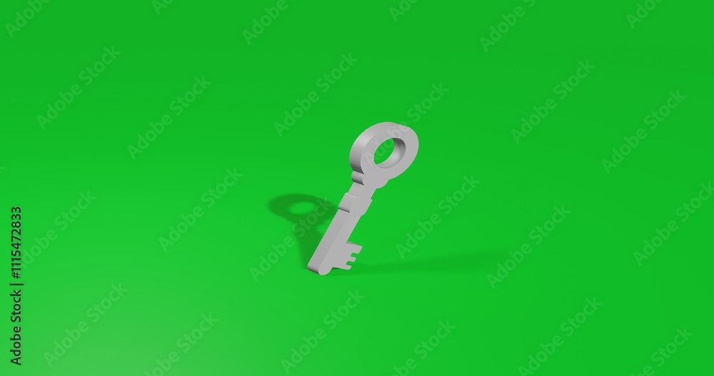 Poster isolated realistic white old key symbol front view with shadow. 3d illustration on green chroma key 