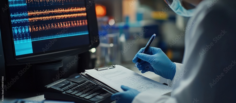 Poster a scientist in a lab coat wearing blue gloves writes on a clipboard while looking at a computer scre