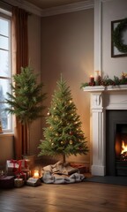 Firelit room with a small decorated Christmas tree on a side table near the fireplace, holiday centerpiece, fireplace christmas tree