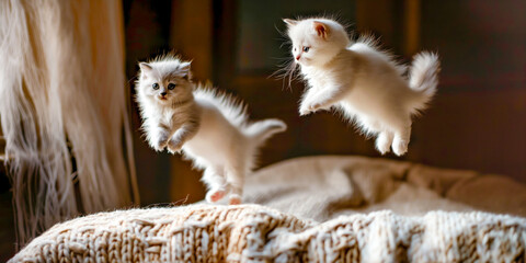 Obraz premium Adorable fluffy kittens jumping playfully on soft bed in cozy home setting