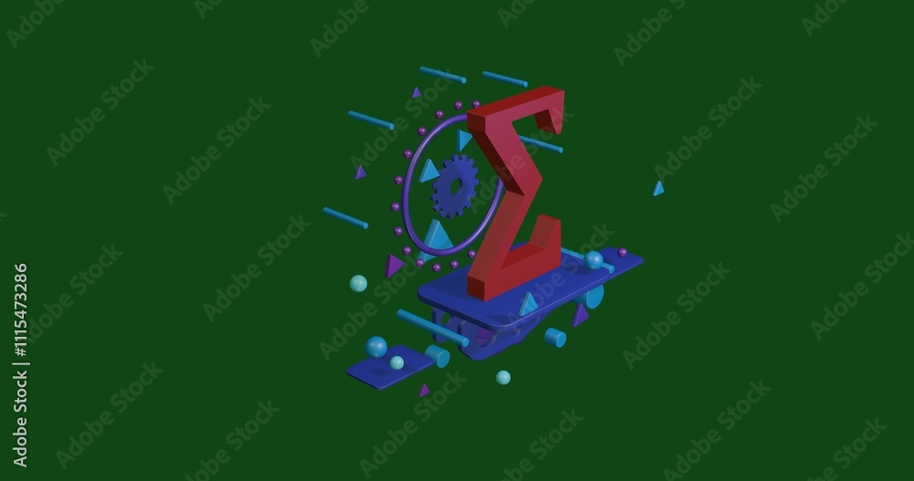 Poster red sigma symbol on a pedestal of abstract geometric shapes floating in the air. abstract concept ar