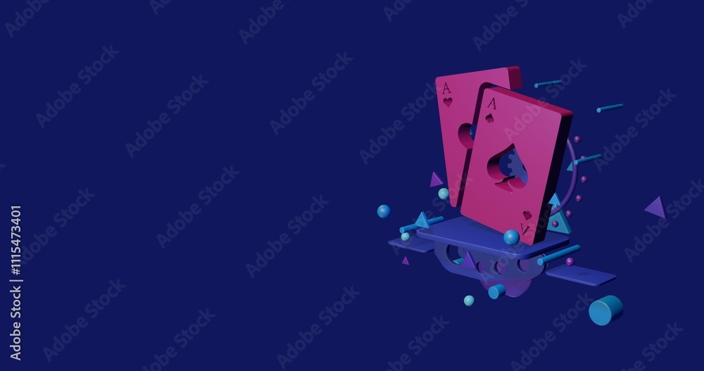 Poster pink two aces symbol on a pedestal of abstract geometric shapes floating in the air. abstract concep