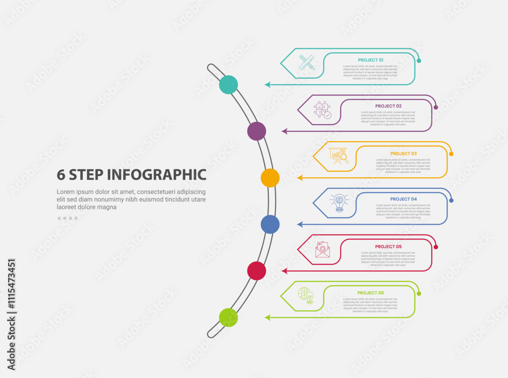 Aufkleber 6 points template infographic outline style with 6 point step template with half circle aith creativ