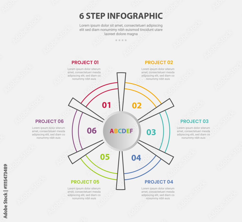 Poster 6 points template infographic outline style with 6 point step template with circular cycle and circl
