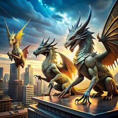 creatures from mythology (like dragons or griffins) in contemporary urban environments, interacting with modern technology.