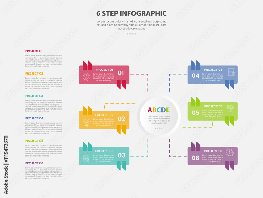 Aufkleber 6 points template infographic outline style with 6 point step template with rectangle box connected 